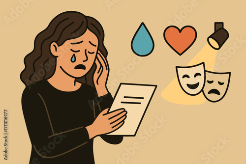 Dramatic Monologue Symbols. Horizontal artwork with actress reviewing emotional monologue and drama icon set for tears, heart,
