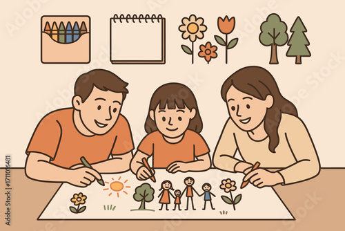 Family Creative Moment. Vector layout showing family drawing on paper and creative moment icon set for crayons, sketch pad,