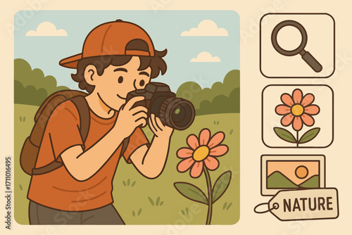 Teen Capturing Nature. Scene with teen photographing nature and hobby moment icon set for zoom icon, flower close-up, photo frame