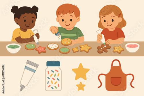 Kids Cookie Decorating. Vector strip showing kids decorating cookies and DIY treat icon set for frosting tube, sprinkles, stars