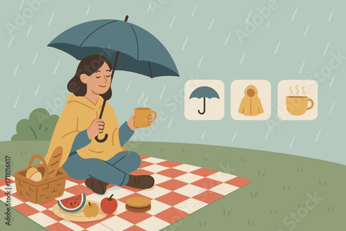 Rainy Picnic Essentials. Modern banner depicting picnic under light rain and improvisation icon set for umbrella, poncho, warm