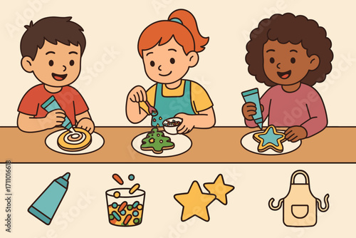 Kids Cookie Decorating. Vector strip showing kids decorating cookies and DIY treat icon set for frosting tube, sprinkles, stars