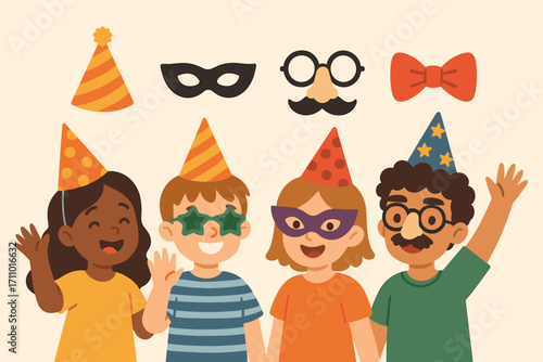 Kids in Party Hats. Scene banner with kids wearing party hats and accessories icon set for cone hat, mask, funny nose and bow tie.