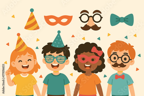 Kids in Party Hats. Scene banner with kids wearing party hats and accessories icon set for cone hat, mask, funny nose and bow tie.
