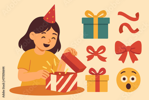 Birthday Celebration Icons. Flat vector illustration featuring birthday girl opening gift and celebration icon set for present