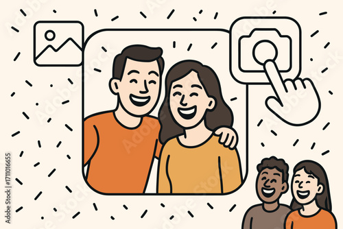Joyful Group Celebration. Scene with parents taking group photo and memory icon set for frame, click icon, laughing friends and