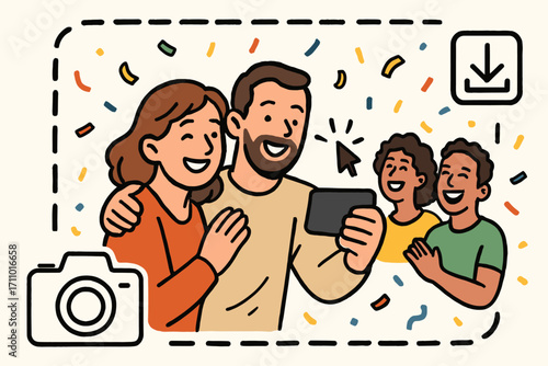 Joyful Group Celebration. Scene with parents taking group photo and memory icon set for frame, click icon, laughing friends and