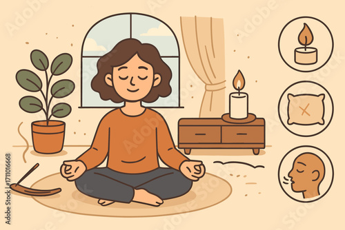 Zen Interior Icons. Cartoon-style banner depicting person sitting in calm interior and zen icon set for incense, candle flame,
