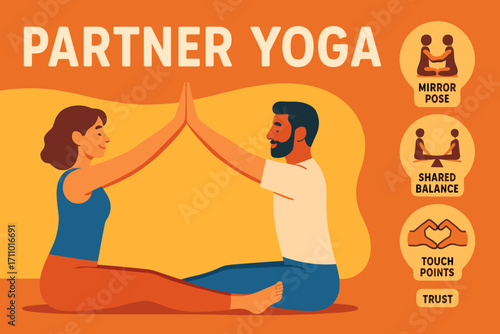 Partner Yoga Connection. Bright banner portraying couple doing partner yoga and connection icon set for mirror pose, shared