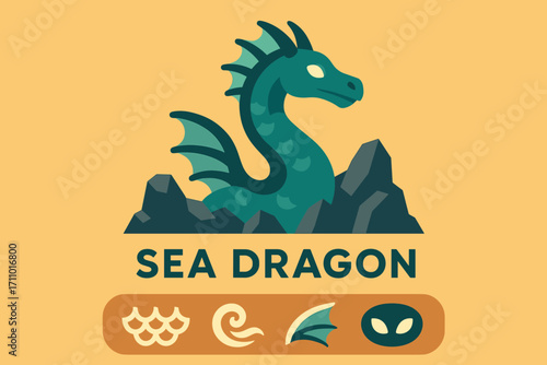 Mythical Sea Dragon. Flat design banner featuring sea dragon emerging from rocks and mythical sea icon set for scales, water swirl