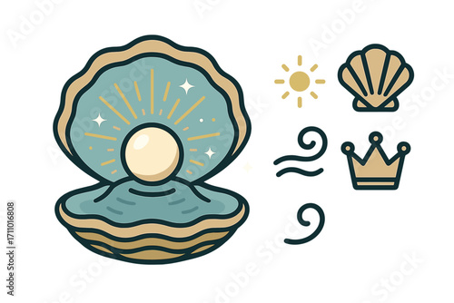 Magical Oyster Treasure. Vector layout showing magical pearl glowing in oyster and treasure icon set for shell, glow dot, swirl
