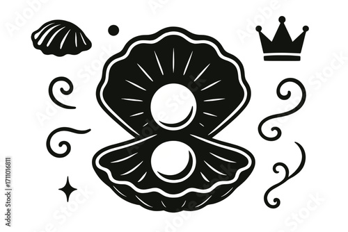 Magical Oyster Treasure. Vector layout showing magical pearl glowing in oyster and treasure icon set for shell, glow dot, swirl