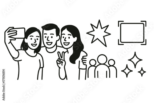 Selfie Moments Icon Set. Minimalist vector strip with friends taking selfies and photo moment icon set for flash, frame, crowd