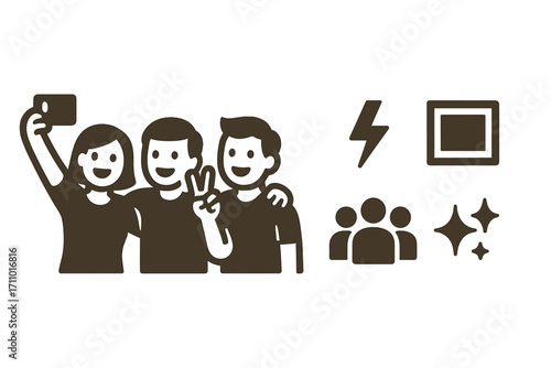 Selfie Moments Icon Set. Minimalist vector strip with friends taking selfies and photo moment icon set for flash, frame, crowd