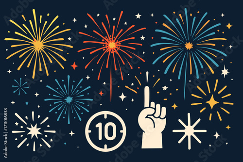 Spectacular Fireworks Finale. Horizontal artwork with fireworks lighting up sky and finale icon set for spark burst, countdown