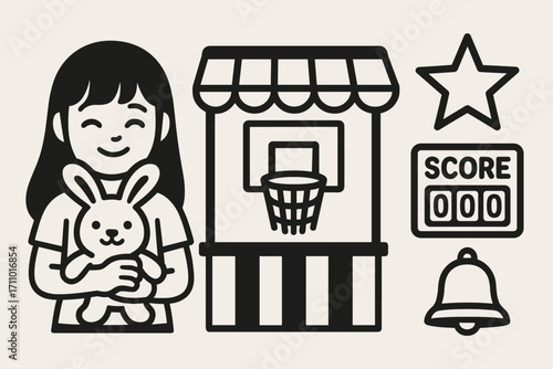 Carnival Game Victory. Horizontal vector artwork of girl holding stuffed toy prize and game booth icon set for hoops, stars, score