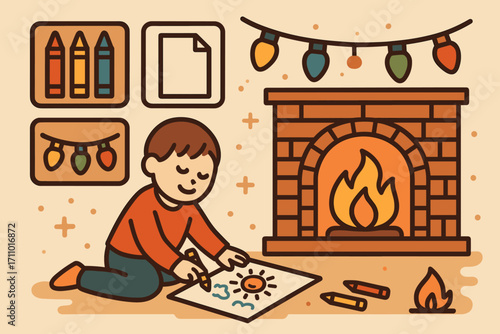 Cozy Holiday Creativity. Creative vector layout with child drawing beside fireplace and creativity icon set for crayons, paper,