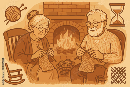 Cozy Knitting by Hearth. Scene illustration showing grandparents knitting by hearth and tradition icon set for yarn, rocking chair