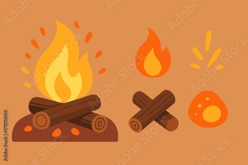 Cozy Hearth Icons. Flat design banner featuring crackling wood in hearth and fire icon set for flame, spark, wood logs and ember