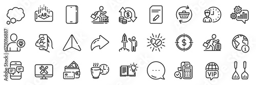 Coffee break, User idea and Car rental line icons pack. Share, Message, Paper plane icons. Cogwheel, Phone messages, Change money web icon. Phone, Fitness, Repair pictogram. Vector