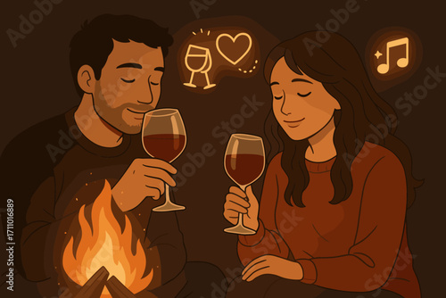 Romantic Fireplace Wine Moment. Scene banner with couple sipping wine near fire and romance icon set for clinking glasses, heart