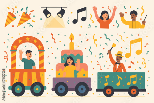 Festive Parade Celebration. Wide vector layout with festive parade floats and celebration icon set for confetti canons, waving