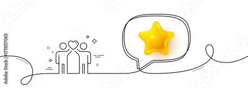 Friends couple line icon. Continuous line with 3d star. Friendship sign. Assistance business symbol. 3d star in speech bubble. Friends couple single line ribbon. Loop curve pattern. Vector