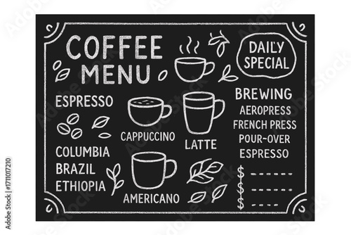 Artistic Coffee Chalkboard. Coffee menu chalkboard: hand drawn doodles of daily specials, cup icons, bean origins, brewing method