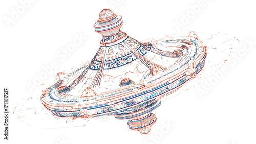 Vintage Spinning Top Toy Outline Vector Illustration for Traditional Decor
