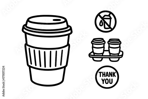 Coffee To-Go Essentials. To-go coffee: hand drawn doodles of paper cup with lid, sleeve, spillproof icon, carry tray, and “thank