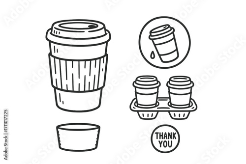 Coffee To-Go Essentials. To-go coffee: hand drawn doodles of paper cup with lid, sleeve, spillproof icon, carry tray, and “thank