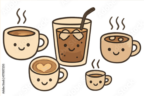 Adorable Coffee Doodles. Cute coffee cups: hand drawn doodles of smiling mugs, latte with heart art, glass of iced coffee, mini