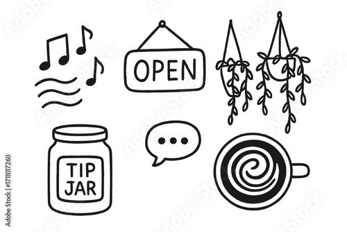 Cozy Cafe Doodles. Cafe vibes: hand drawn doodles of ambient music notes, chatter emoji, open sign, hanging plants, tip jar, and