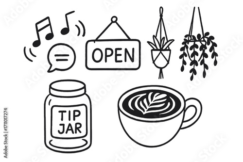 Cozy Cafe Doodles. Cafe vibes: hand drawn doodles of ambient music notes, chatter emoji, open sign, hanging plants, tip jar, and