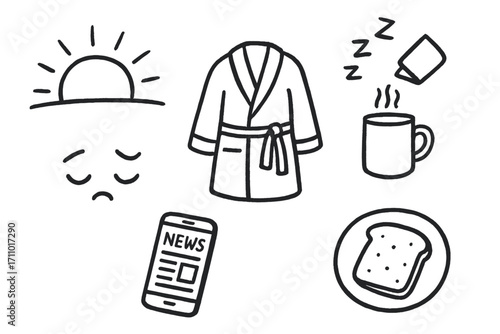 Morning Coffee Doodles. Morning coffee ritual: hand drawn doodles of sunrise, sleepy face, robe, brewing mug, phone with news, and