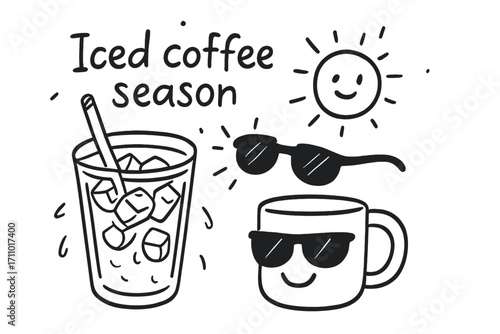 Iced Coffee Doodles. Iced coffee season: hand drawn doodles of cup with ice cubes, straw, condensation lines, sunny emoji, and