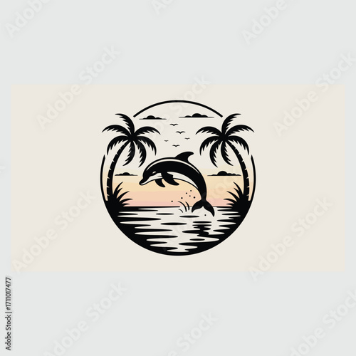 Black silhouette of a jumping dolphin between palm trees at sunset over water vector