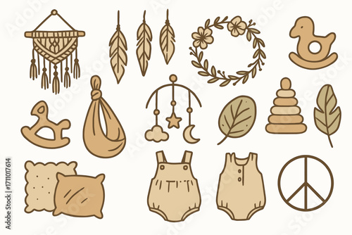 Boho Baby Shower Icons. Boho baby shower doodle icon set: hand drawn icons of macrame, feathers, floral crowns, wooden toys,