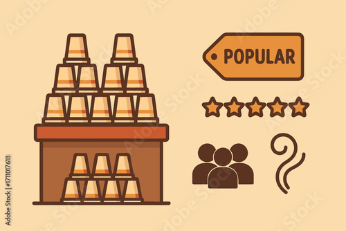 Cup Towers and Icons. Flat scene showing cup towers at popular stand and drink rush icon set for popular tag, star rating, queue