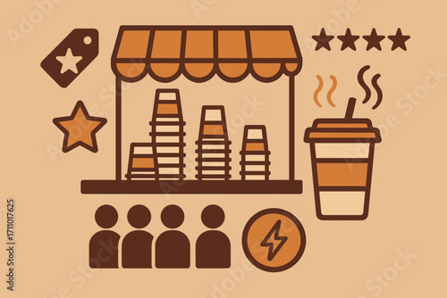 Cup Towers and Icons. Flat scene showing cup towers at popular stand and drink rush icon set for popular tag, star rating, queue