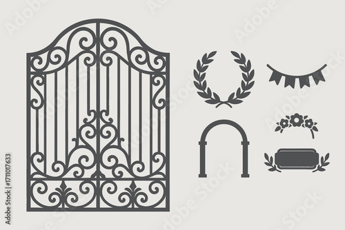 Decorative Gate Elements. Modern vector panel showing decorated gate and community icon set for wreath, garland, wood arch and