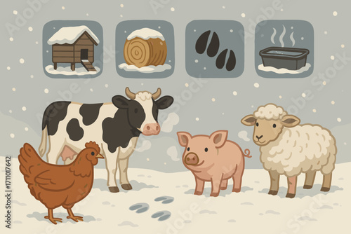 Winter Farm Scene. Horizontal composition showing farm animals in snow and rural winter icon set for chicken coop, hay bale,