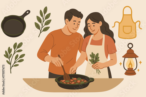 Couple's Cozy Cooking Scene. Wide vector layout with couple cooking together and homely icon set for cast iron pan, herbs, apron