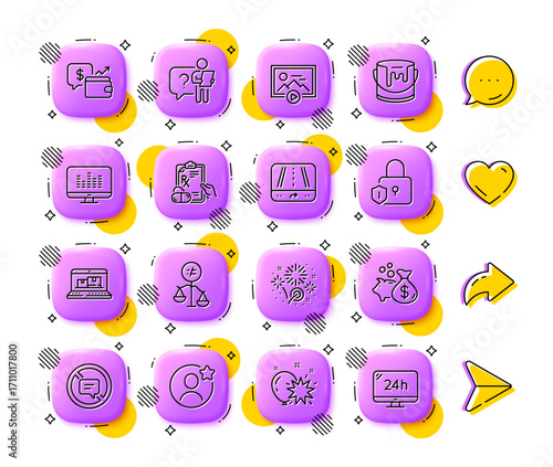 Discrimination, Balloon dart and Search employee line icons. App 3d buttons. Social media comment, share, like icons. Pack of Stop talking, Loan, Web inventory icon. Vector