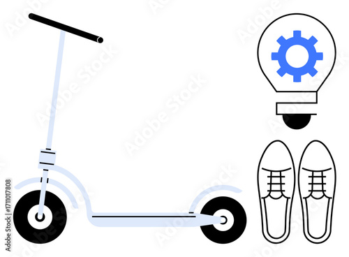 Kick scooter beside glowing light bulb with cogwheel symbol and pair of shoes, emphasizing mobility, innovation, sustainability, urban commuting, personal transport, simplicity, eco-friendly