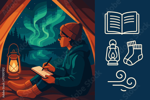 Aurora Journaling Adventure. Modern banner depicting person journaling under aurora inside tent and reflection icon set for