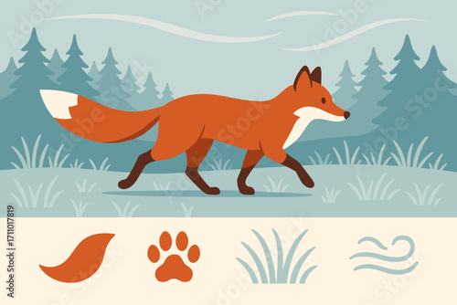 Fox in Frosty Meadow. Flat vector illustration featuring red fox trotting across frosted meadow and forest animal icon set for