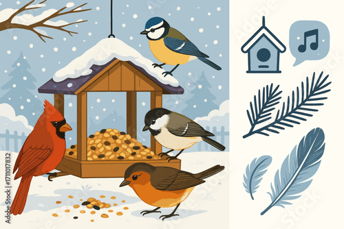Birds at Winter Feeder. Bright banner portraying birds pecking at feeder in snow and backyard icon set for hanging seed house,
