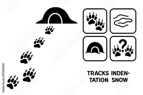 Badger Tracks Adventure. Clean vector illustration of badger tracks leading to den and mystery trail icon set for track prints,