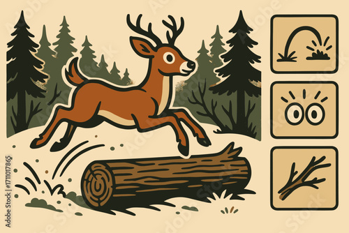 Deer Leaping Scene. Illustrated banner of deer leaping across log and motion icon set for jump arch, startled eyes, snow kick and